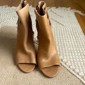 High heel open toe leather boots